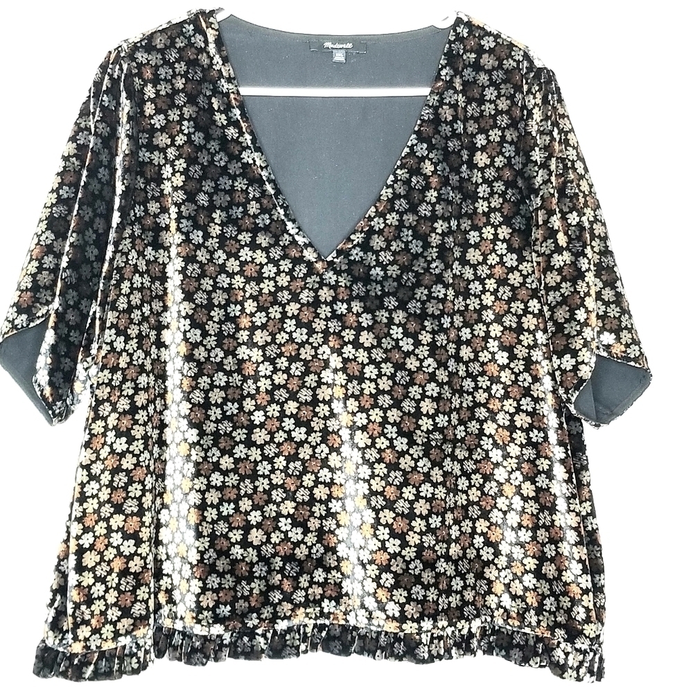 Madewell Women’s Velvet Tulip Sleeve Ruffled Hem Y2K Boho Floral top,  XXL